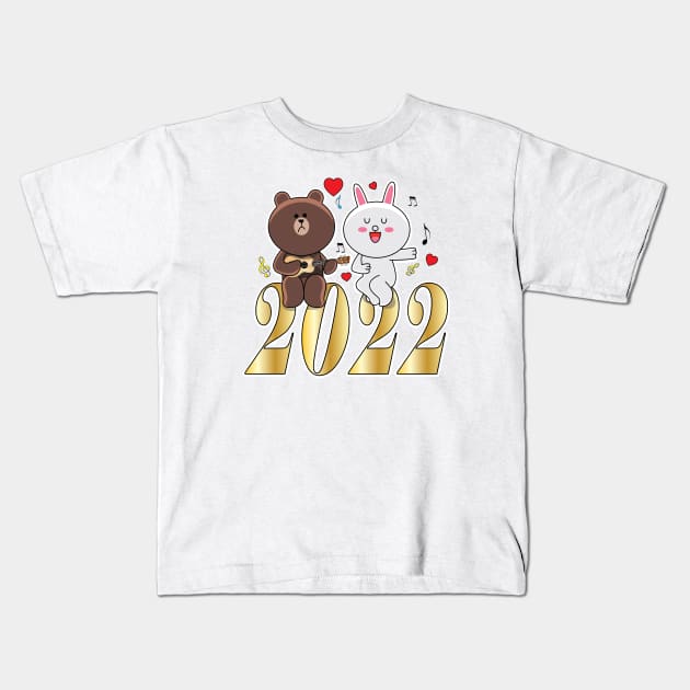 Brown Bear Cony Bunny Rabbit New Year 2022 Kids T-Shirt by ArticArtac